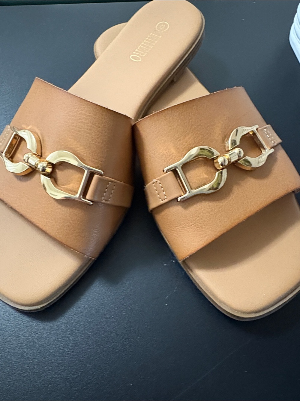Women’s Tan Slide Mules with Gold Accent Hardware